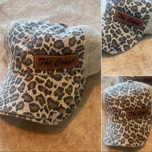 Leopard SnapBack baseball cap with customized leather patch reading “The Coast”